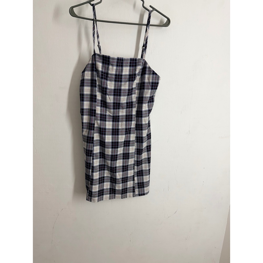 Empyre Plaid Mini Dress Large Navy White Red Checkered Spaghetti Strap Bodycon